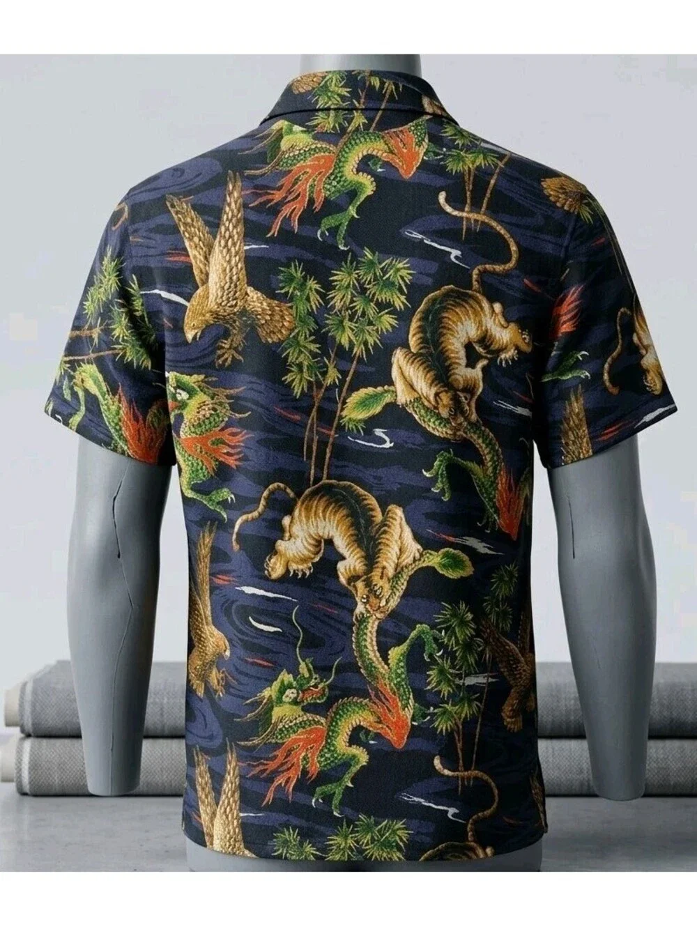 Vtg Polo Ralph Lauren Dragon Tiger Eagle Polo Shirt All Over Print Mens 2XL XXL
